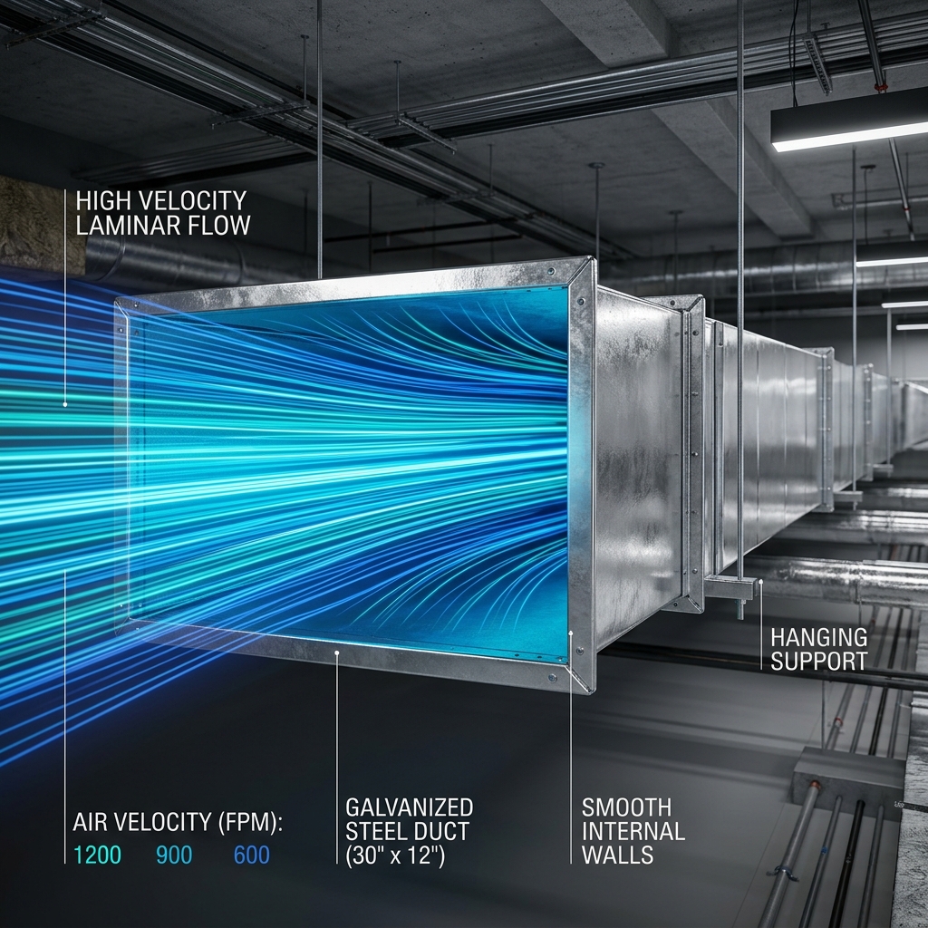 3D visualization of airflow velocity inside a metal HVAC duct