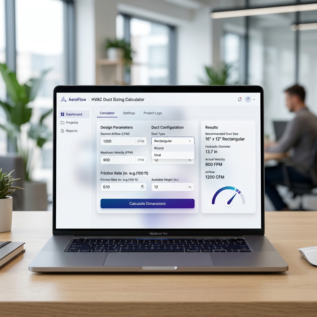 HVAC duct sizing calculator user interface preview