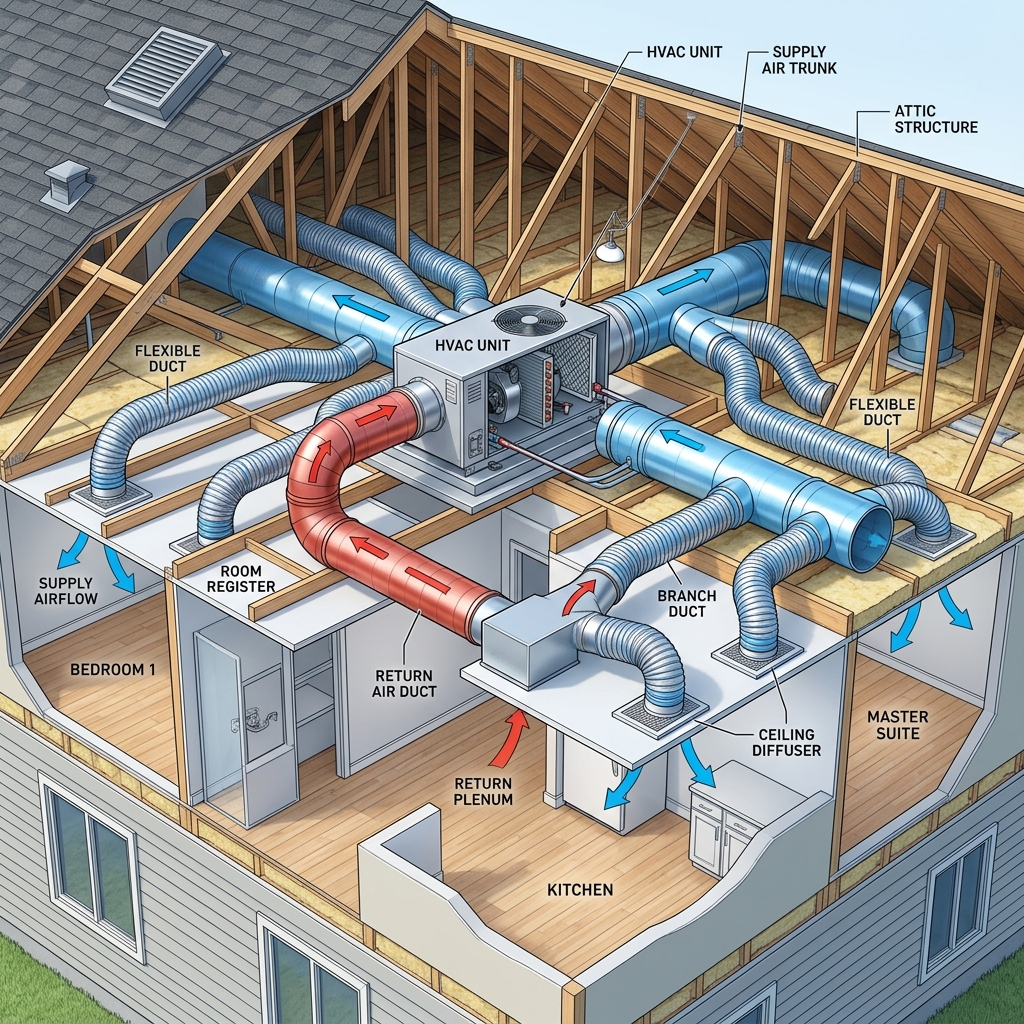 Residential HVAC duct system diagram showing trunk lines and branch ducts